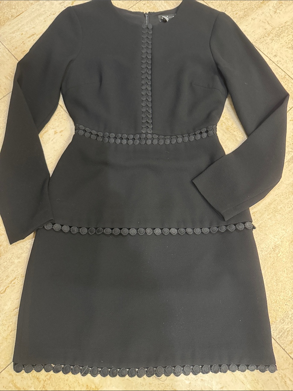 Club Monaco Black Long-Sleeve Peplum Dress with Circular Trim